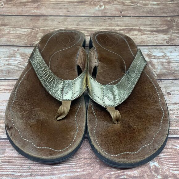 Olukai Kumu Brown Leather Gold Tone Strap Sandal Flip Flops Womens Size 8 EU 38 - Picture 8 of 11